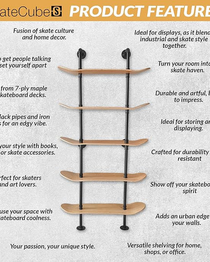 Industrial Shelves - 5 Tier Industrial Decor Pipe Bookcase Using 7 Ply Skateboard Decks - Natural Wood Stain Finish - Bathroom Wall Decor, Living Room Furniture, Book Shelf for Skateboard Enthusiasts - LeafyLoom
