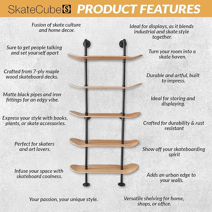 Industrial Shelves - 5 Tier Industrial Decor Pipe Bookcase Using 7 Ply Skateboard Decks - Natural Wood Stain Finish - Bathroom Wall Decor, Living Room Furniture, Book Shelf for Skateboard Enthusiasts - LeafyLoom