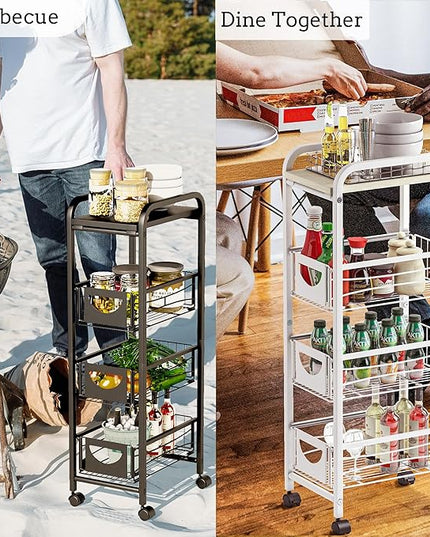 Slim Rolling Storage Cart Small Narrow Kitchen Metal Storage Cart with Lockable Wheels Slim Laundry Bathroom Storage Cart with Wooden top for Kitchen Laundry Narrow Places with Pull-Out Basket Black - LeafyLoom