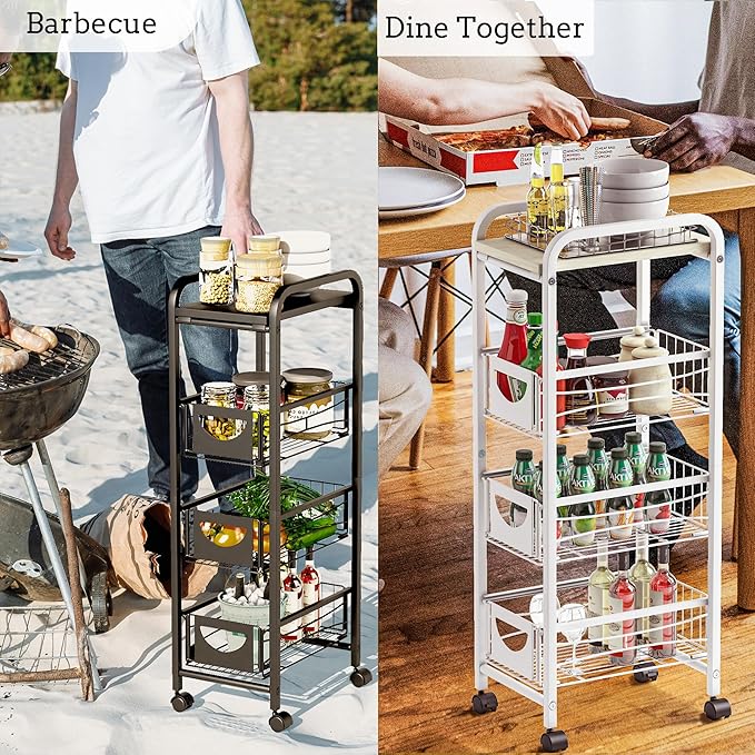 Slim Rolling Storage Cart Small Narrow Kitchen Metal Storage Cart with Lockable Wheels Slim Laundry Bathroom Storage Cart with Wooden top for Kitchen Laundry Narrow Places with Pull-Out Basket Black - LeafyLoom