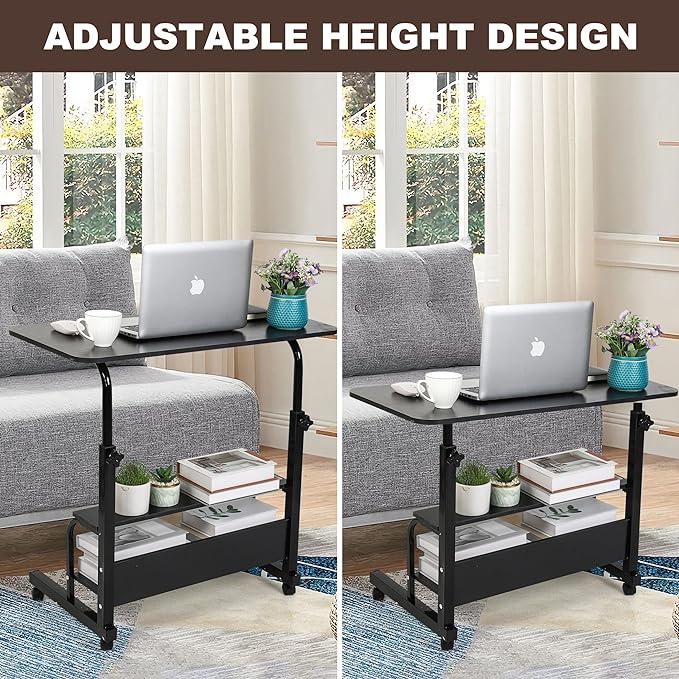 Adjustable Mobile Laptop Desk Portable Detachable Wheels Home Office Desk Height, Bedside Table Additional Storage Rack Small Spaces Veranda Office Desk Size 15.7 * 31.5 Inch Black - LeafyLoom