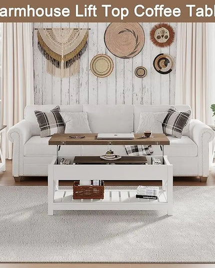 ChooChoo Farmhouse Lift Top Coffee Table, Multi-Function Convertible Coffee Table with Storage and Hidden Compartment, Coffee Table Converts to Dining Table for Living Room, 40 White & Brown - LeafyLoom