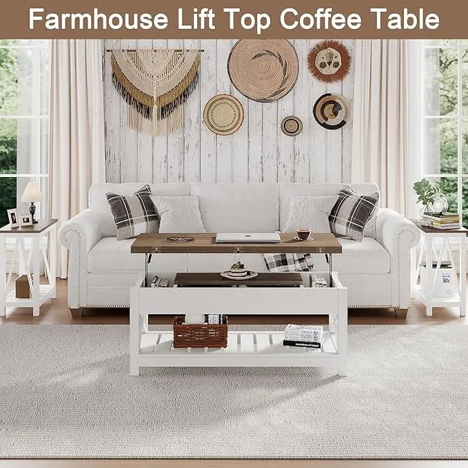 ChooChoo Farmhouse Lift Top Coffee Table, Multi-Function Convertible Coffee Table with Storage and Hidden Compartment, Coffee Table Converts to Dining Table for Living Room, 40 White & Brown - LeafyLoom