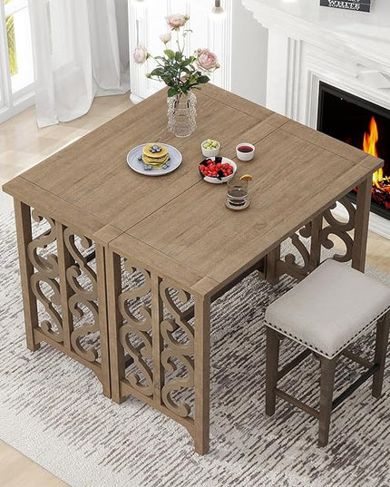 NicBex Small Dining Table for 2 Breakfast Nook Table Set 3-Piece Retro Dining Set Solid Wood Counter Height Pub Set Foldable Table with 2 Saddle Stools for Kitchen, Distressed Brown - LeafyLoom