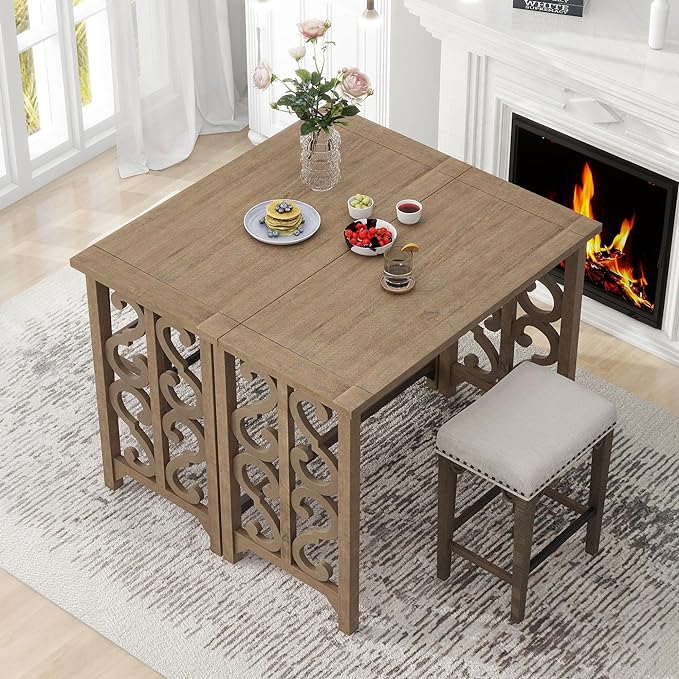NicBex Small Dining Table for 2 Breakfast Nook Table Set 3-Piece Retro Dining Set Solid Wood Counter Height Pub Set Foldable Table with 2 Saddle Stools for Kitchen, Distressed Brown - LeafyLoom