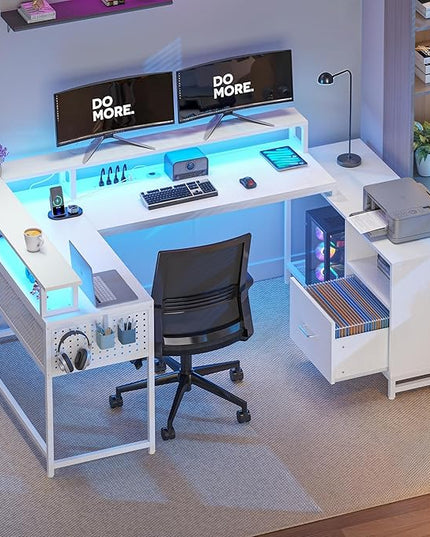 YITAHOME U Shaped Desk, L Shaped Desk with Drawers, Reversible Computer Desk with Power Outlets & LED Lights, Corner Desk Office Desk with Monitor Stand & Storage Shelves, White - LeafyLoom