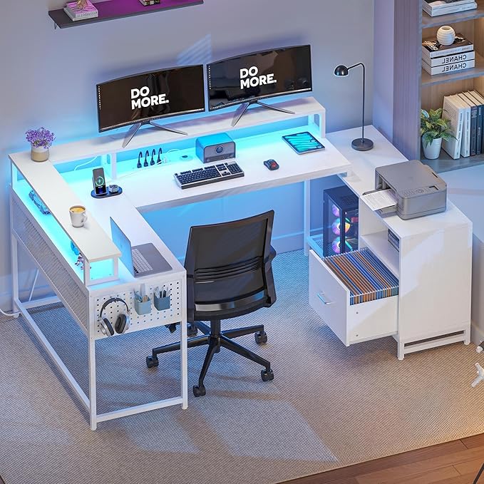 YITAHOME U Shaped Desk, L Shaped Desk with Drawers, Reversible Computer Desk with Power Outlets & LED Lights, Corner Desk Office Desk with Monitor Stand & Storage Shelves, White - LeafyLoom
