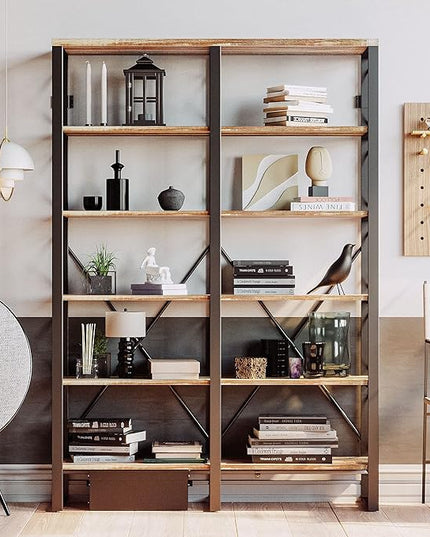 IRONCK Bookshelves Double Wide 6-Tier 76" H, Open Large Bookcase, Industrial Style Shelves for Home Office, Easy Assembly - LeafyLoom