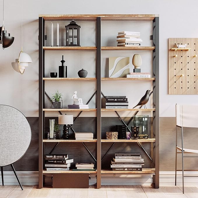 IRONCK Bookshelves Double Wide 6-Tier 76" H, Open Large Bookcase, Industrial Style Shelves for Home Office, Easy Assembly - LeafyLoom