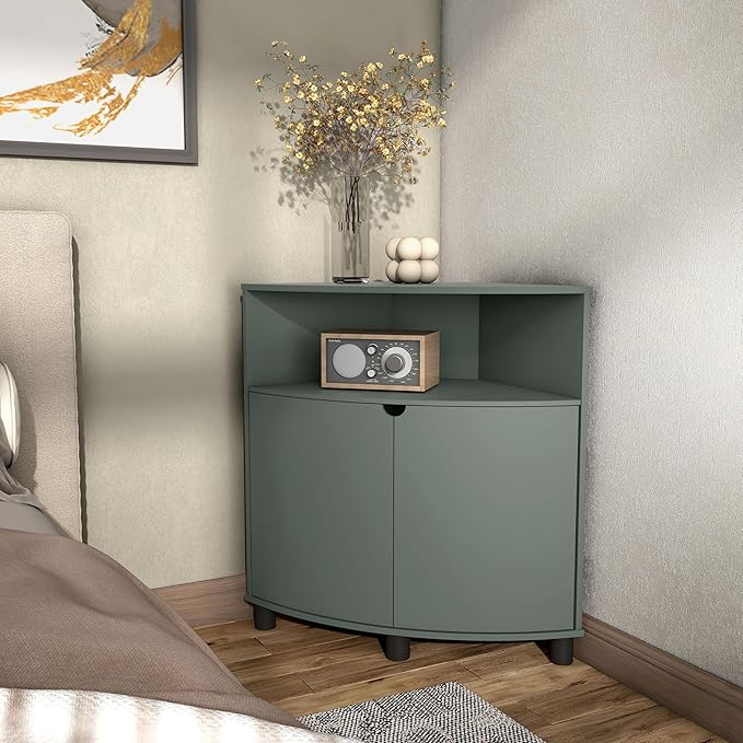 Berg Modern 31-inch 16 Colors LED Corner Cabinet with Doors and 2 Shelves, USB Charge Cord, Small TV Stand for Living Room, Home Office, Sage Green - LeafyLoom