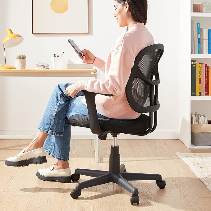 Amazon Basics Mesh Mid-Back Adjustable-Height 360-Degree Swivel Office Desk Chair with Armrests and Lumbar Support, Black - LeafyLoom