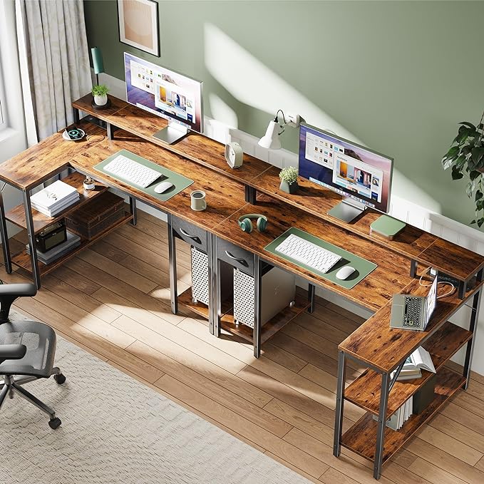 SUPERJARE 47 inch Reversible L Shaped Desk with LED Lights & Power Outlets, Computer Desk with Shelves & Monitor Stand, Gaming Desk with Drawer, Home Office Desk Corner Desk, Rustic Brown - LeafyLoom