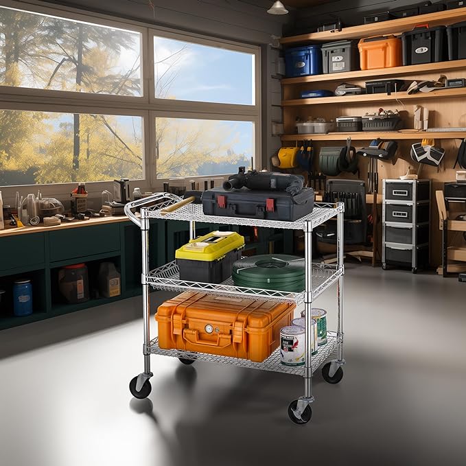 Finnhomy 3 Tier Heavy Duty Commercial Grade Utility Cart, Wire Rolling Cart with Handle Bar, Steel Service Cart with Wheels, Utility Shelf Plant Display Shelf Food Storage Trolley, NSF Listed - LeafyLoom