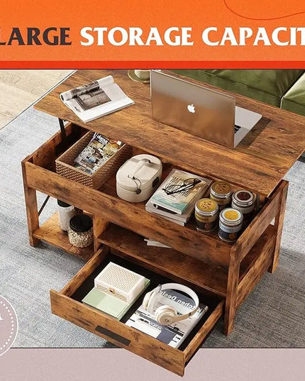WLIVE Coffee Table, 39" Lift Top Coffee Table with Hidden Compartment and Sorage Drawers for Living Room, Rustic Brown - LeafyLoom