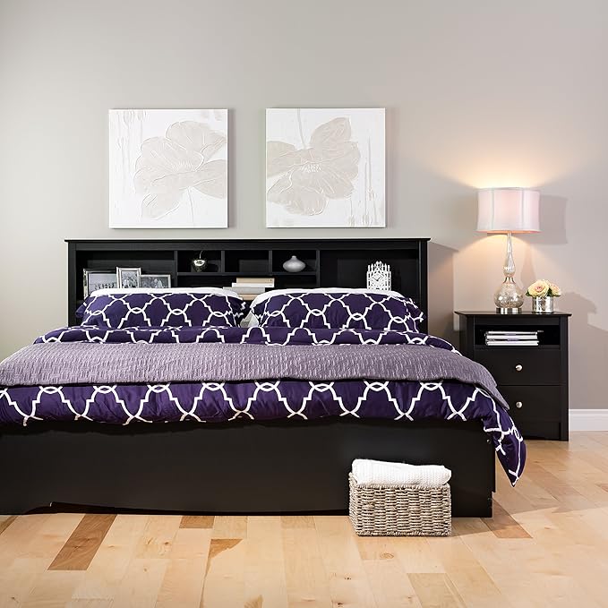Prepac's Fremont 2 Drawer Nightstand: Elegant Bedroom Furniture, Bedside Table with Open Shelf, 23.25"W x 16"D x 28"H, Black - BDC-2428 - LeafyLoom