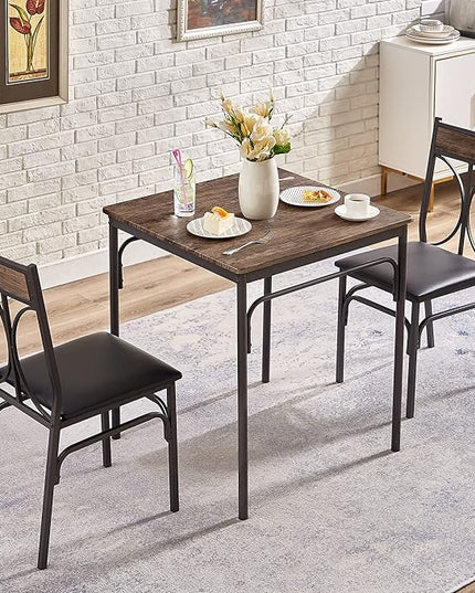 VECELO Kitchen Dining Room Table 2 Chairs for Small Space, Apartment,Metal Steel Frame, 3-Piece Set, Brown - LeafyLoom