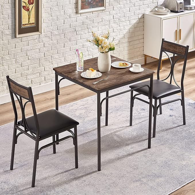 VECELO Kitchen Dining Room Table 2 Chairs for Small Space, Apartment,Metal Steel Frame, 3-Piece Set, Brown - LeafyLoom
