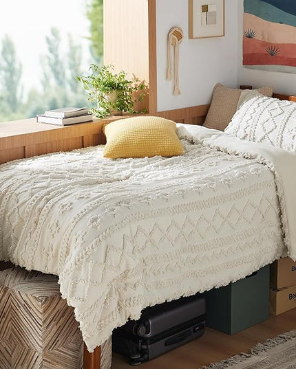 Bedsure Twin XL Comforter Set Dorm Bedding - Beige Boho Twin Extra Long Bedding Comforter Set, 2 Pieces Farmhouse Shabby Chic Embroidery Bed Set, Soft Jacquard Tufted Comforter for College - LeafyLoom