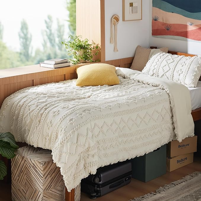 Bedsure Twin XL Comforter Set Dorm Bedding - Beige Boho Twin Extra Long Bedding Comforter Set, 2 Pieces Farmhouse Shabby Chic Embroidery Bed Set, Soft Jacquard Tufted Comforter for College - LeafyLoom