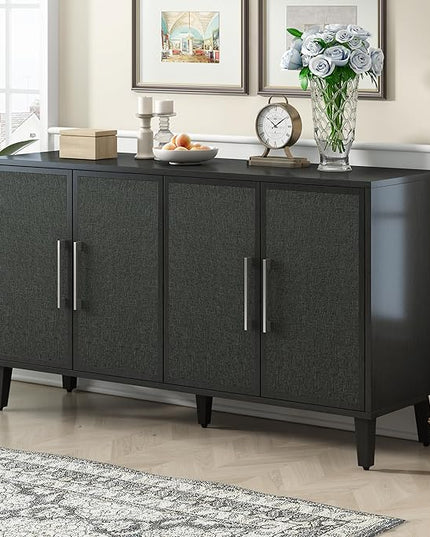 Merax Sideboard Buffet Cabinet with Storage, 4 Linen Door Cupboard w/Adjustable Shelves, Wood Console Table for Entrance, Study or Living Room, Black - LeafyLoom
