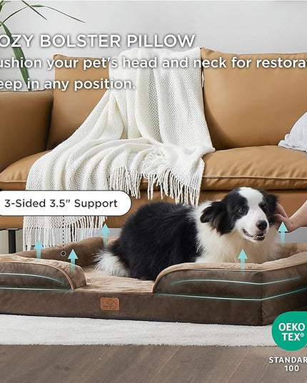 Bedsure Orthopedic Dog Bed for Large Dogs - Big Washable Dog Sofa Beds Large, Supportive Foam Pet Couch Bed with Removable Washable Cover, Waterproof Lining and Nonskid Bottom, Brown BEDSURE