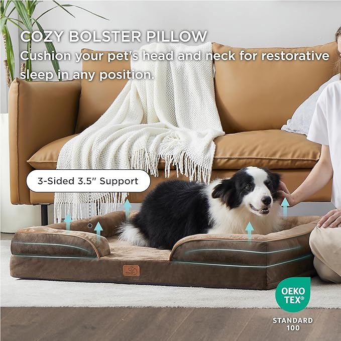 Bedsure Orthopedic Dog Bed for Large Dogs - Big Washable Dog Sofa Beds Large, Supportive Foam Pet Couch Bed with Removable Washable Cover, Waterproof Lining and Nonskid Bottom, Brown BEDSURE