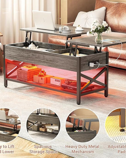 Coffee Table, Lift Top Coffee Table with Storage, LED Light & Power Outlet and Hidden Compartment, Retro Center Table for Living Room, X Support Wood Tabletop, Metal Frame, Black Oak - LeafyLoom