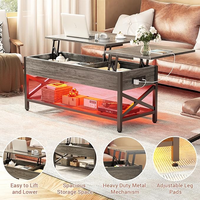 Coffee Table, Lift Top Coffee Table with Storage, LED Light & Power Outlet and Hidden Compartment, Retro Center Table for Living Room, X Support Wood Tabletop, Metal Frame, Black Oak - LeafyLoom