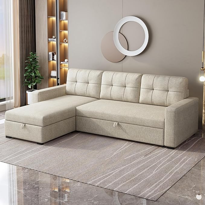 L-Shape Upholstered Sectional Sofa with Storage Chaise & Pull,Convertible Couch W/ 3 Back Cushions,Reversible Sleeper for Living Room Office Apartment,Beige, 81.5", Beige1 - LeafyLoom
