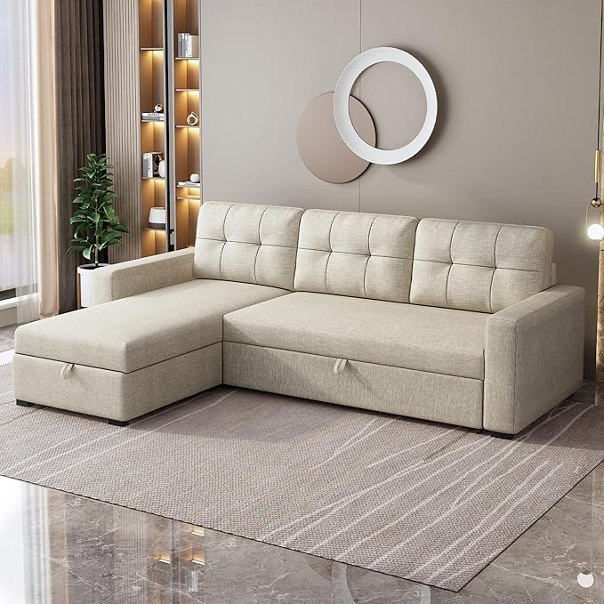 L Shaped Pull Out Couch Bed,Convertible Sectional Sleeper Sofa with Storage Chaise and 3 Removable Back Cushions for Living Room,Office,Apartment,Beige,81.5" - LeafyLoom