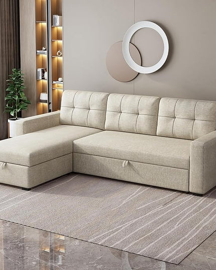 Ball & Cast 81.5'' L-Shape Convertible Sleeper Sofa,Sectional Living Room,with Pull Out Bed and Storage Recliner,Reversible Couch for Bedroom,Office, Beige - LeafyLoom