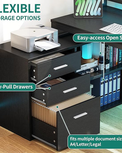 YITAHOME L Shaped Desk with 3 Drawers, 55" Corner Computer Desk with Power Outlets & LED Lights, L-Shaped Desk with File Cabinet for Home Office, Black - LeafyLoom