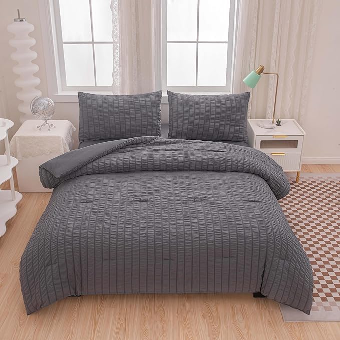 Grey Queen Size Comforter Sets for Boys Men Boho Dark Grey Seersucker Bedding Set 5 Pieces-Microfiber Lightweight All Season Comforter Set for Bedding(90x90In Comforter) - LeafyLoom
