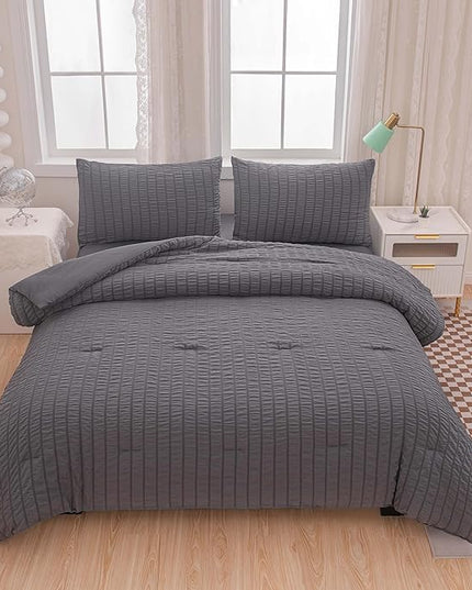 Grey Queen Size Comforter Sets for Boys Men Boho Dark Grey Seersucker Bedding Set 5 Pieces-Microfiber Lightweight All Season Comforter Set for Bedding(90x90In Comforter) - LeafyLoom