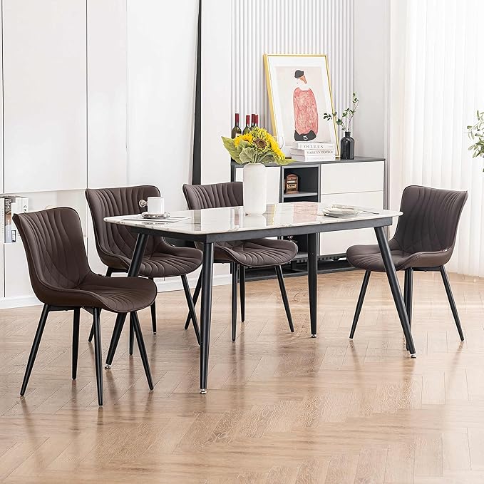 YOUTASTE Brown Dining Chairs Set of 2 Upholstered Mid Century Modern Kitchen&Dining Room Chairs Armless Faux Leather Accent Chairs Vanity Lounge Side Chair with Back for Waiting Room Bedrooms - LeafyLoom