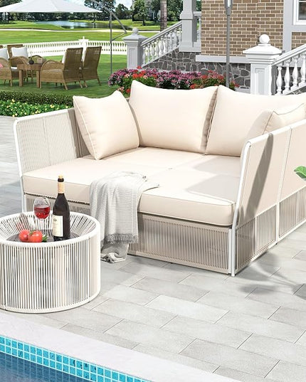 2-Piece Sunbed and Coffee Table, Patio Double Chaise Lounger Loveseat Daybed Outdoor Furniture Set for Backyard Poolside Lawn Balcony, Full, Ac-Beige - LeafyLoom