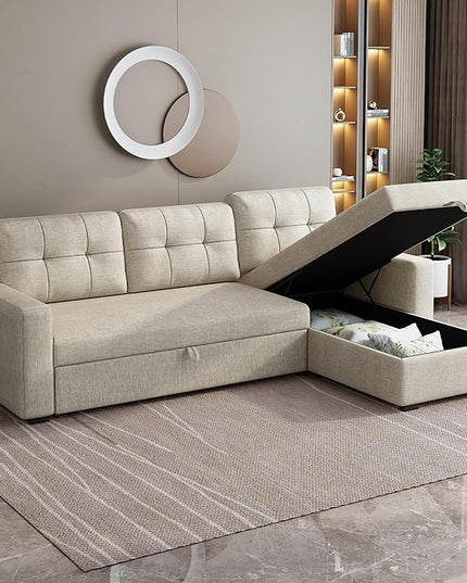 81.5" Sectional Sleeper Sofa with Storage Chaise, L Shaped Pull Out Couch Bed with 3 Removable Back Cushion for Living Room, Apartment,Office,Beige - LeafyLoom