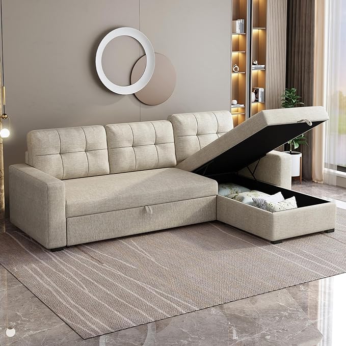 81.5" Sectional Sleeper Sofa with Storage Chaise, L Shaped Pull Out Couch Bed with 3 Removable Back Cushion for Living Room, Apartment,Office,Beige - LeafyLoom