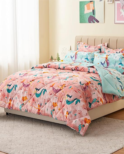 Twin Size Mermaid Kids Bedding Set for Girls, 7 Pieces Super Soft Lightweight Microfiber Comforter Set with Sheets, Bed in a Bag, Durable Children Bed Set - LeafyLoom
