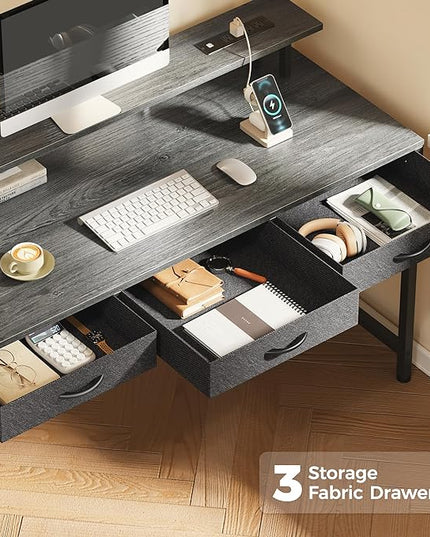 55 inch Computer Desk with 3 Drawers, Office Desk Gaming Desk with LED Lights & Power Outlets, Home Office Desks with Storage Space for Bedroom, Work from Home, Gray - LeafyLoom