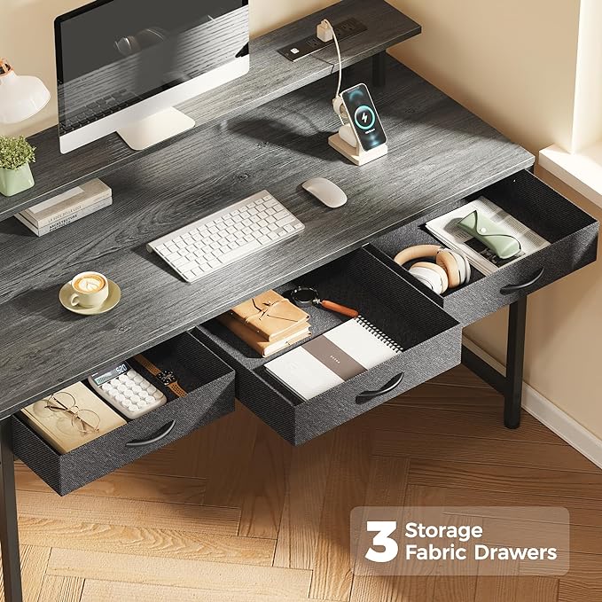 55 inch Computer Desk with 3 Drawers, Office Desk Gaming Desk with LED Lights & Power Outlets, Home Office Desks with Storage Space for Bedroom, Work from Home, Gray - LeafyLoom