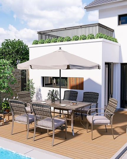 Pamapic Patio Table and Chairs Set, All-Weather Rattan Outdoor Table and Chairs with Removable Waterproof Cushions, Plastic-Wood Patio Dining Set for 6 with Umbrella Hole(Gray) - LeafyLoom