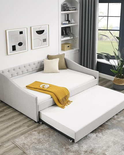 Full Size Upholstered Daybed with Twin Trundle, Wooden Sofa Bed w/Button Tufted Backrest and Waved Shape Arms, No Box Spring Needed, for Living Room, Bedroom, Dorm, Beige - LeafyLoom