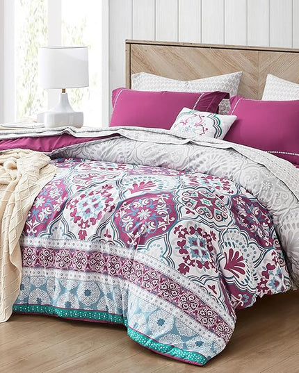 Degrees of Comfort Twin Complete Comforter Sets, Lattice Boho Bed in A Bag,Microfiber Bedding Set with Side Pockets, Matching Decorative Pillow, 6 Piece Purple - LeafyLoom