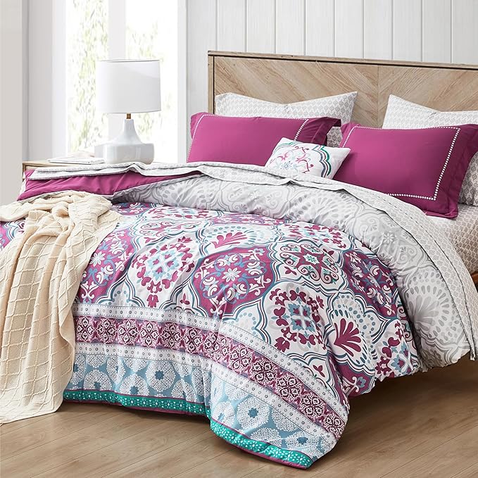Degrees of Comfort Twin Complete Comforter Sets, Lattice Boho Bed in A Bag,Microfiber Bedding Set with Side Pockets, Matching Decorative Pillow, 6 Piece Purple - LeafyLoom