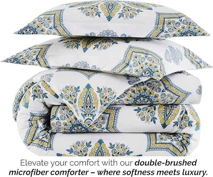 Southshore Fine Living, Inc. Oversized Twin Comforter Bedding Set, Down Alternative Boho Bedspread, Paisley Floral Print Comforter, Twin or Twin XL Comforter with Matching Sham, Aqua on White - LeafyLoom