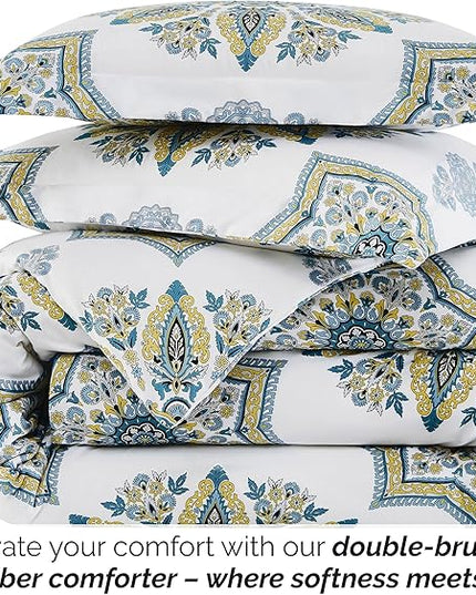 Southshore Fine Living, Inc. Oversized Full/Queen Comforter Bedding Set, Down Alternative Boho Bedspread, Paisley Floral Print Comforter, Full Size/Queen with 2 Matching Shams, Aqua on White - LeafyLoom