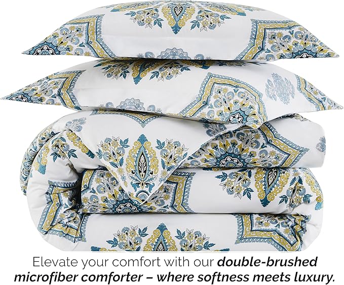 Southshore Fine Living, Inc. Oversized Full/Queen Comforter Bedding Set, Down Alternative Boho Bedspread, Paisley Floral Print Comforter, Full Size/Queen with 2 Matching Shams, Aqua on White - LeafyLoom