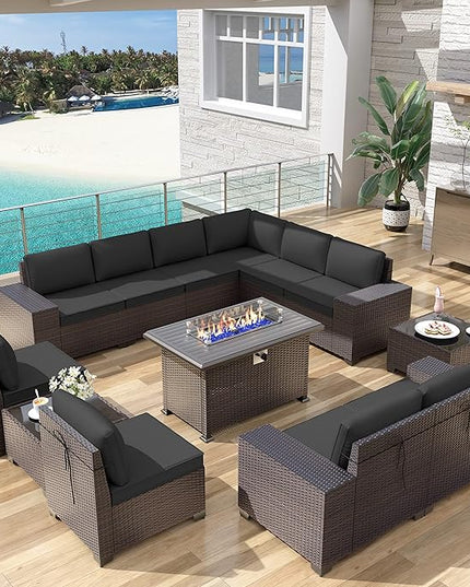 Patio Furniture Sectional Sofa Set 13PCS PE Rattan Patio Conversation Set w/43in Gas Fire Pit Table, Outdoor Furniture with 55000 BTU Propane Fire Pit, Black - LeafyLoom