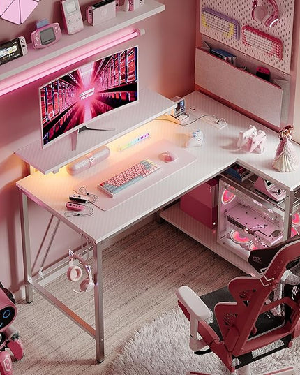 Bestier Small Gaming Desk with Power Outlets,42 L Shaped LED Computer Desk with Reversible Shelves,Corner Gamer Desk with Hooks USB Charging Port,Carbon Fiber White - LeafyLoom